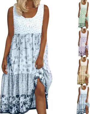 ZYXTIM Bohemian Dress for Women Floral U Neck Sleeveless Smocked Sundresses Plus Size A Line Flowy Beach Long Dresses