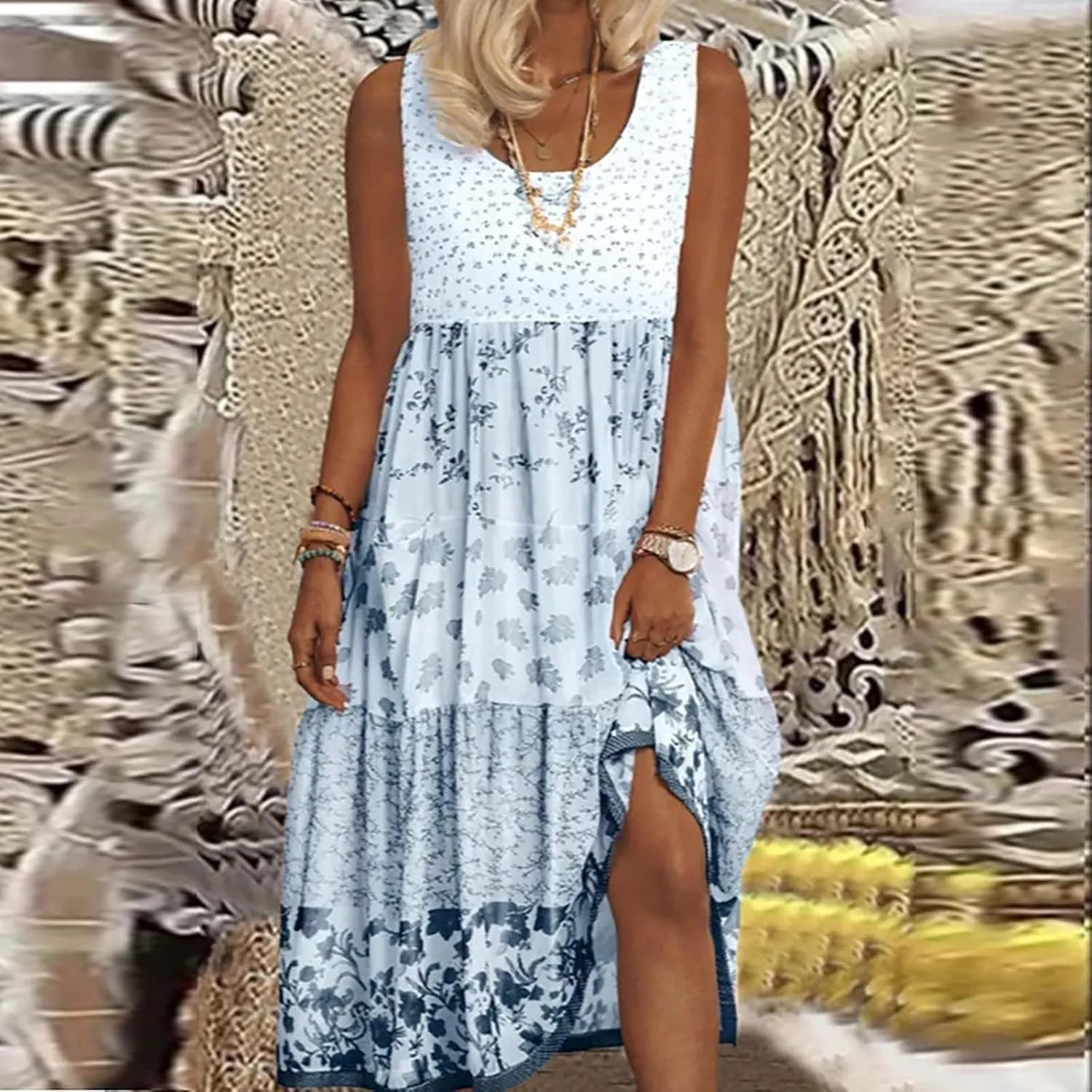 ZYXTIM Bohemian Dress for Women Floral U Neck Sleeveless Smocked Sundresses Plus Size A Line Flowy Beach Long Dresses