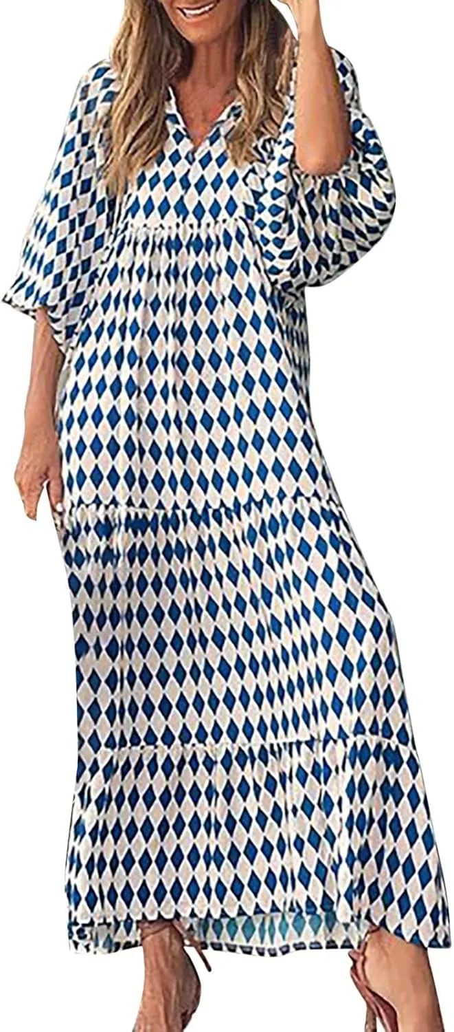 ZYXTIM Boho Dresses for Women 2025 V Neck Floral Puff Short Sleeve Summer Dress Oversize Casual Beach Vacation Maxi Dress