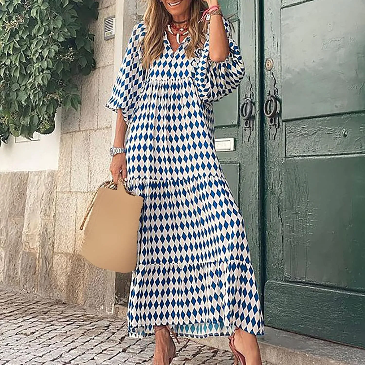 ZYXTIM Boho Dresses for Women 2025 V Neck Floral Puff Short Sleeve Summer Dress Oversize Casual Beach Vacation Maxi Dress
