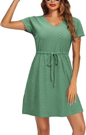 ZYXTIM Eyelet Dresses for Women 2025 Short Sleeve V Neck Hollow Out Lace Ruffle Casual Beach Vacation Summer Party Dress