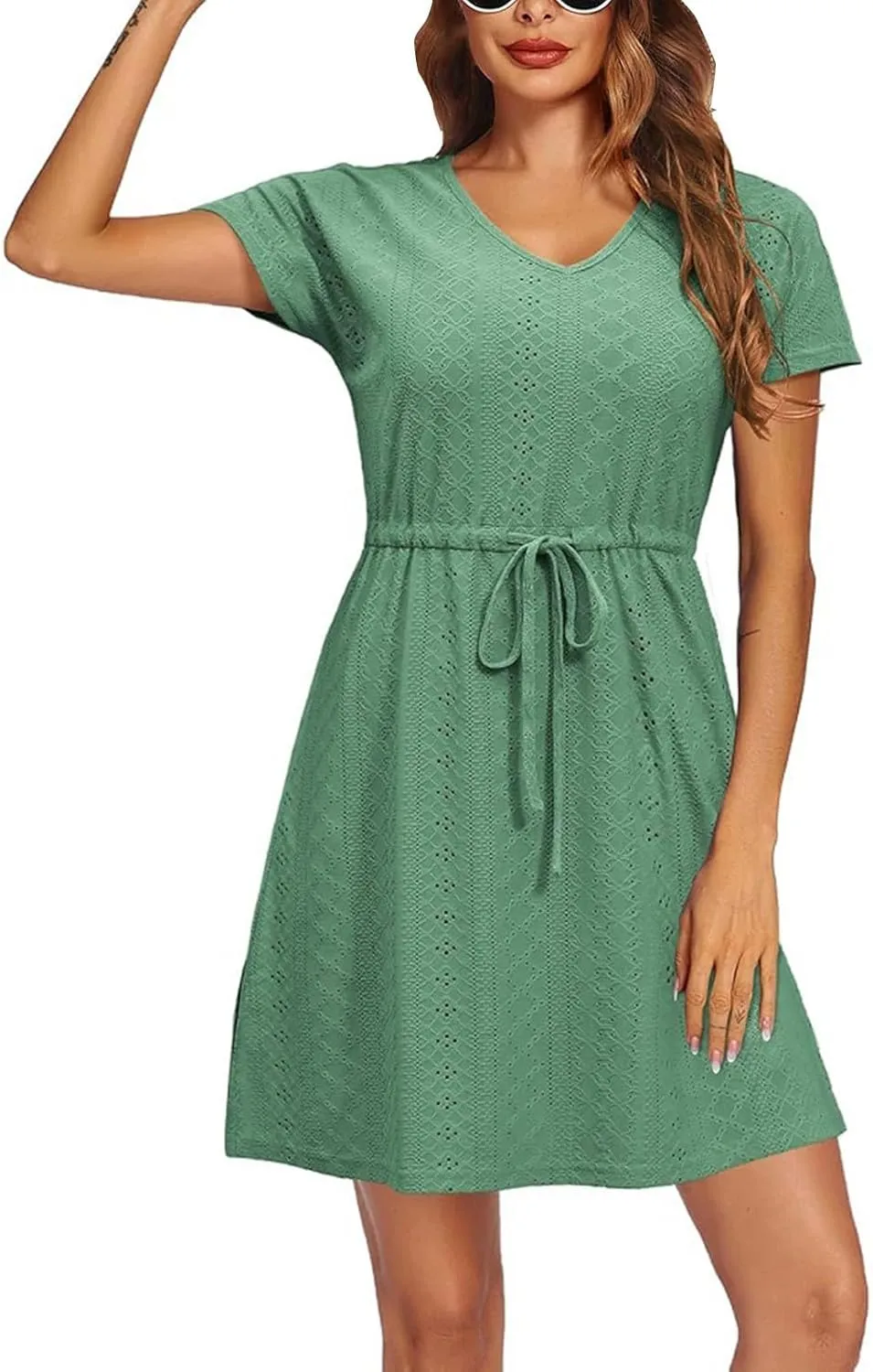 ZYXTIM Eyelet Dresses for Women 2025 Short Sleeve V Neck Hollow Out Lace Ruffle Casual Beach Vacation Summer Party Dress