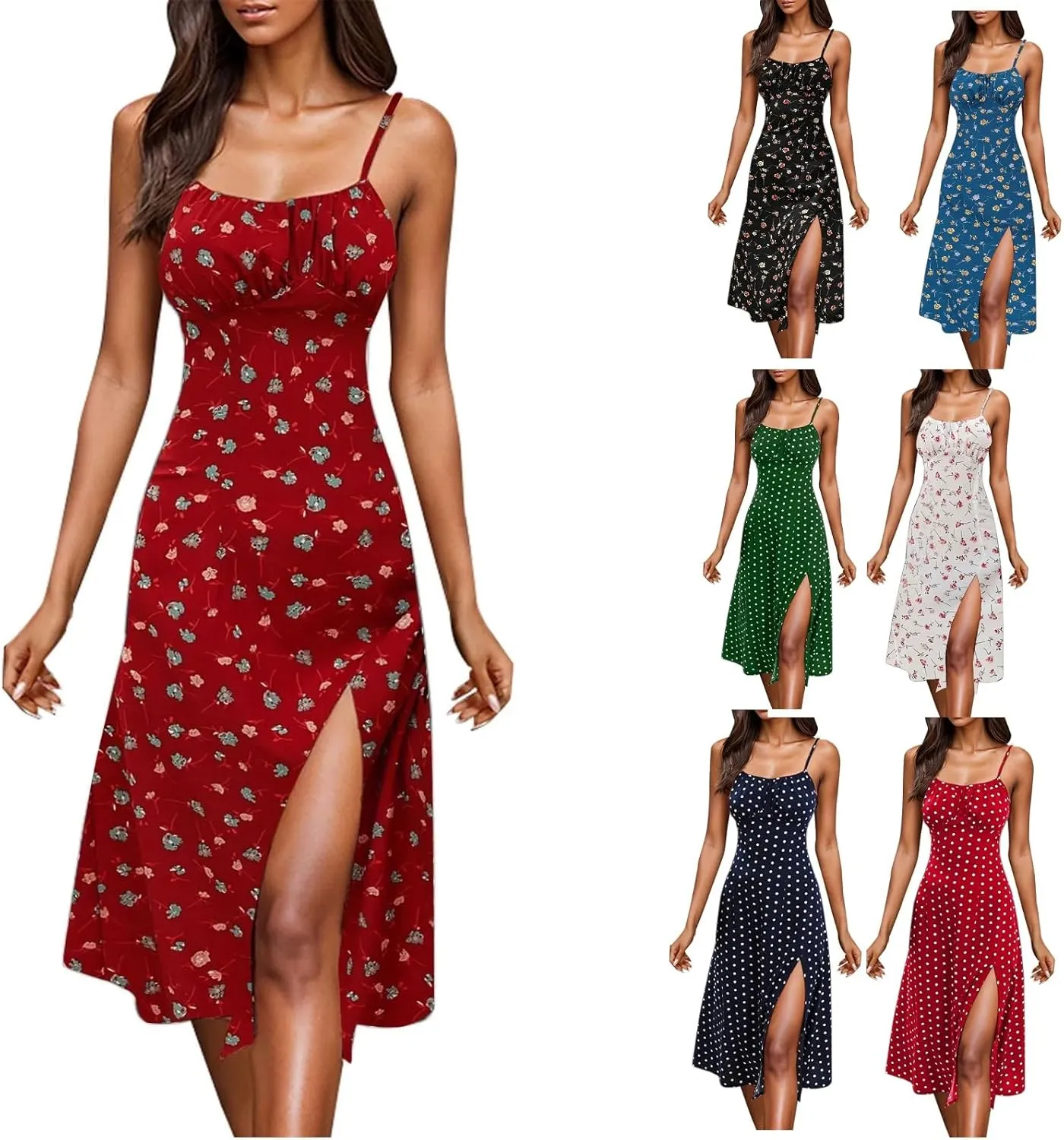 ZYXTIM Spaghetti Strap Dress for Women 2025 Summer Split Thigh Midi Floral Dresses High Waist Slim Vacation Beach Sexy Dress