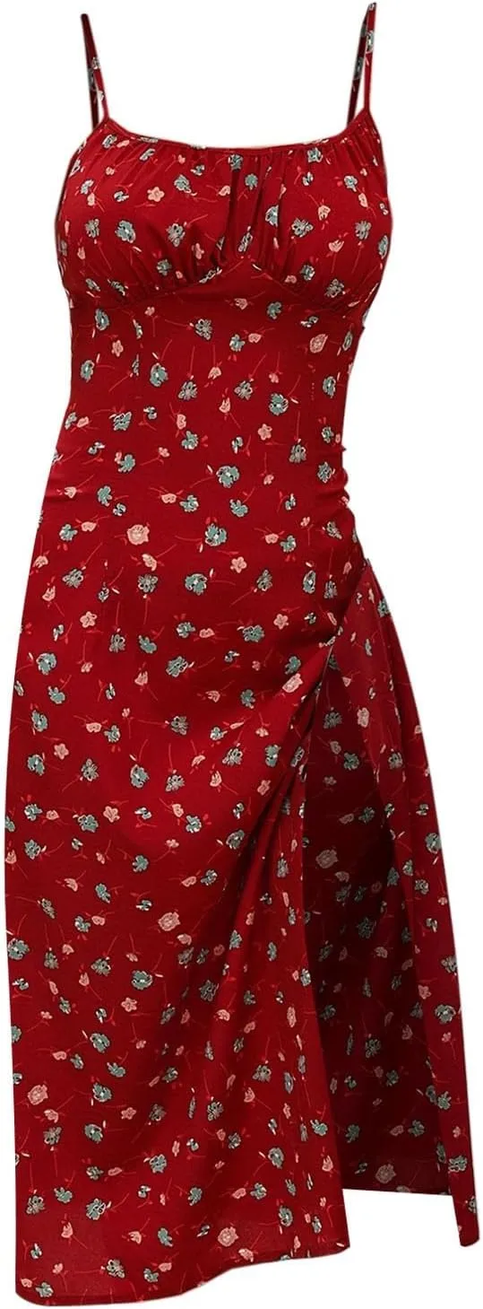 ZYXTIM Spaghetti Strap Dress for Women 2025 Summer Split Thigh Midi Floral Dresses High Waist Slim Vacation Beach Sexy Dress