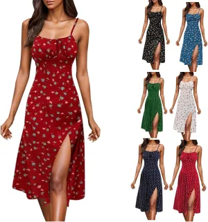 ZYXTIM Spaghetti Strap Dress for Women 2025 Summer Split Thigh Midi Floral Dresses High Waist Slim Vacation Beach Sexy Dress