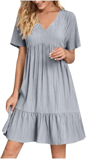 ZYXTIM Summer Dresses for Women 2025 V Neck Short Sleeve Casual Loose Flowy Swing Dress Plus Size Plain Boho Beach Sundress
