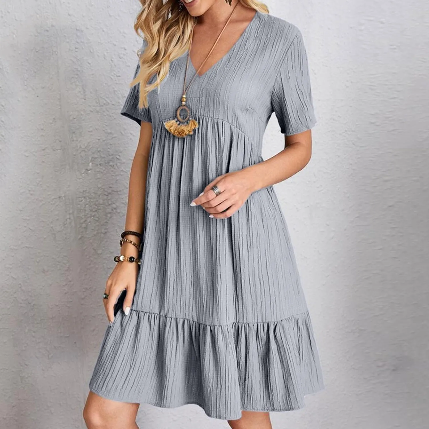 ZYXTIM Summer Dresses for Women 2025 V Neck Short Sleeve Casual Loose Flowy Swing Dress Plus Size Plain Boho Beach Sundress