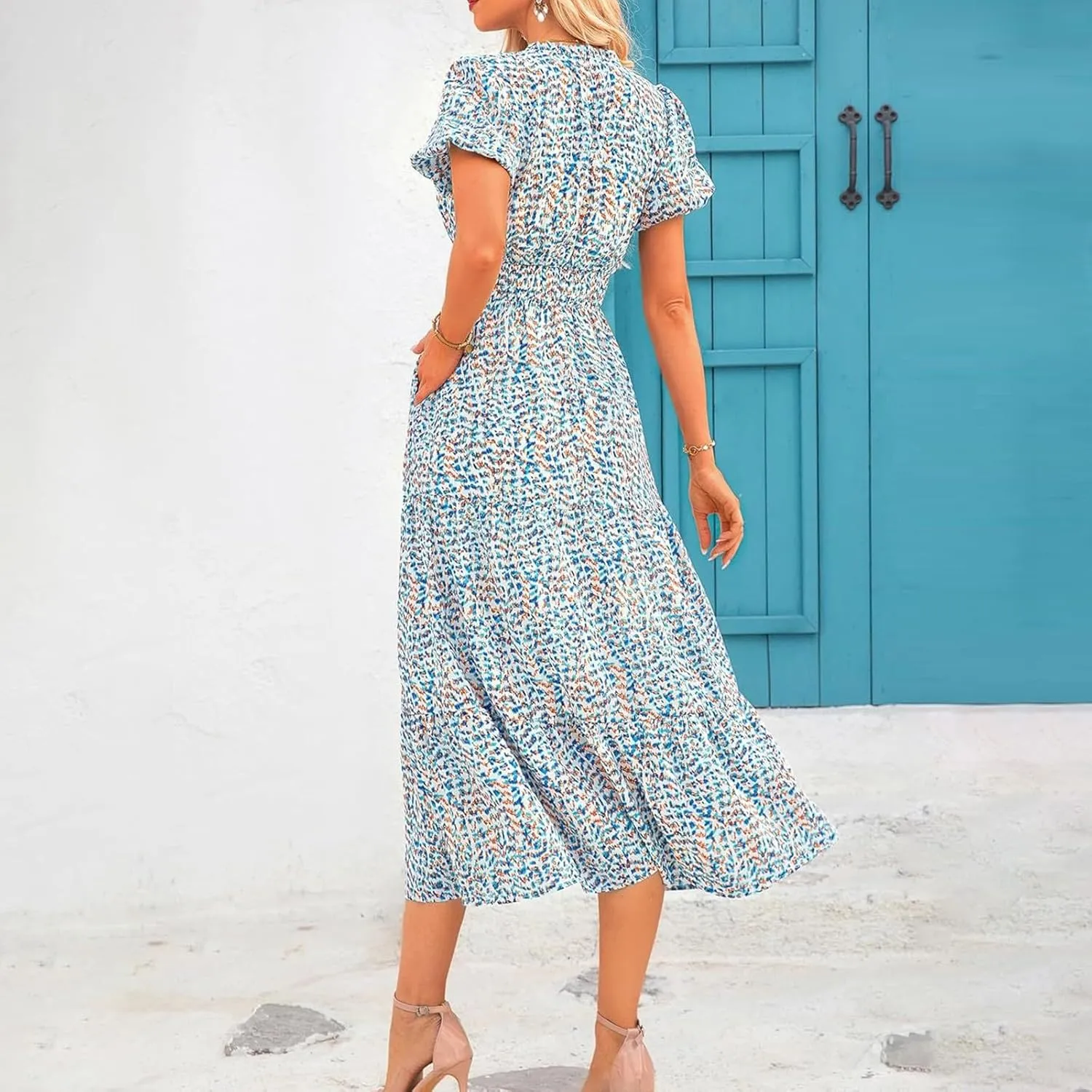 ZYXTIM Woman's Floral V Neck Boho Dress Short Sleeve A-Line Flowy Maxi Beach Vacation Dresses High Waist Wedding Guest Skirts