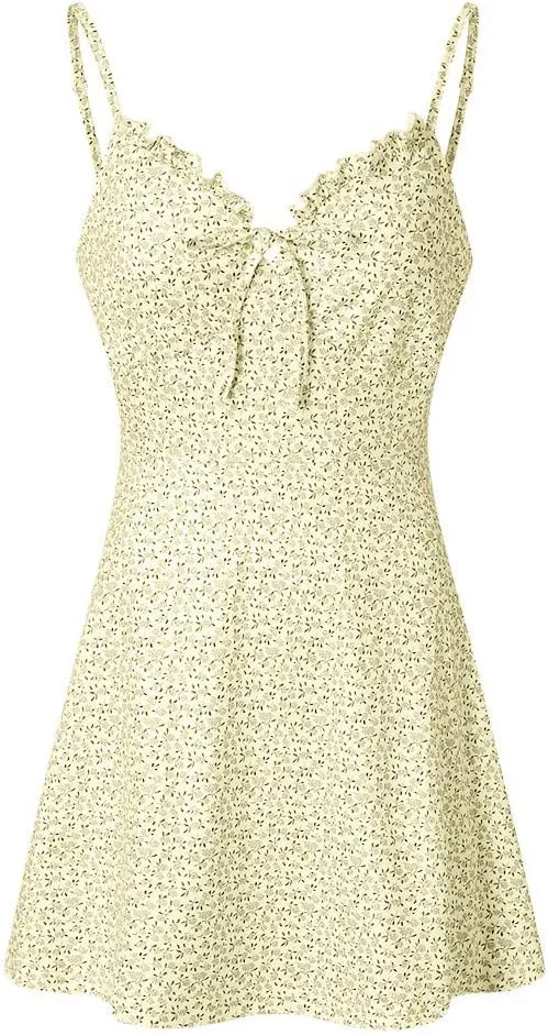 ZYXTIM Women's Boho Floral Print Cami Mini Dress Spaghetti Strap Ruched Bust Lace Up Low Back Sexy Summer Beach Dresses